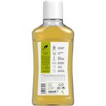 Rear view of a 500ml Dr Organic Tea Tree Mouthwash bottle showing product information, directions, and ingredients.