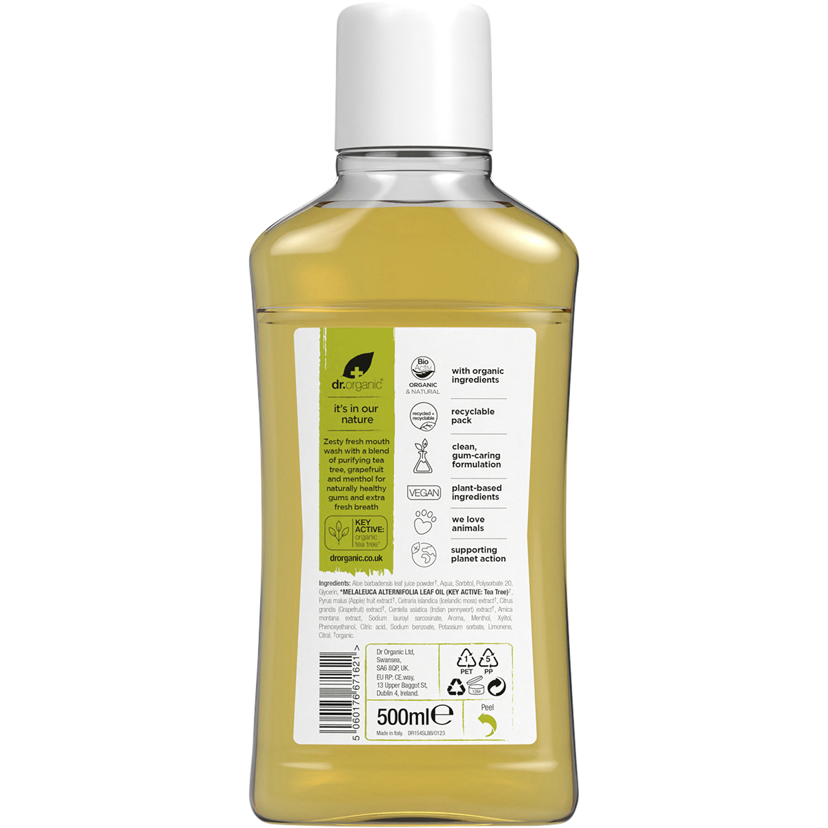 Rear view of a 500ml Dr Organic Tea Tree Mouthwash bottle showing product information, directions, and ingredients.