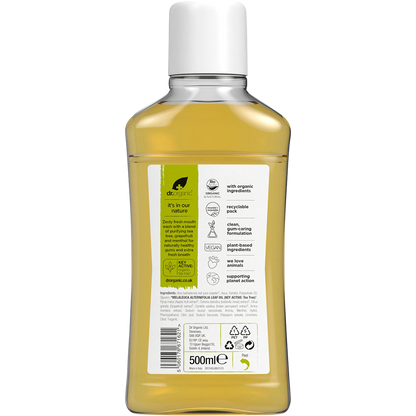 Rear view of a 500ml Dr Organic Tea Tree Mouthwash bottle showing product information, directions, and ingredients.