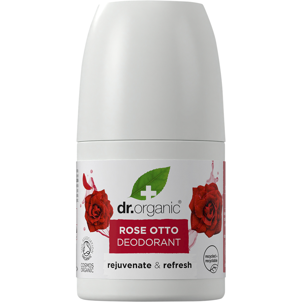 Dr Organic Rose Otto 50ml roll-on deodorant with a white cap and pink floral label on a white background.