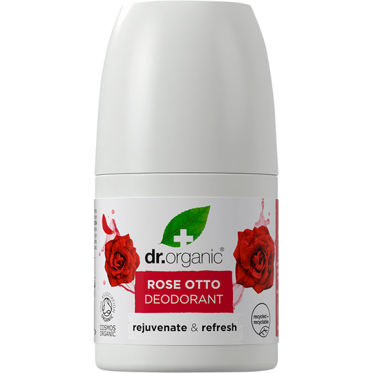 Dr Organic Rose Otto 50ml roll-on deodorant with a white cap and pink floral label on a white background.