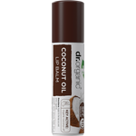Dr Organic Coconut Oil lip balm tube with SPF 15, featuring a white cap and tropical branding.