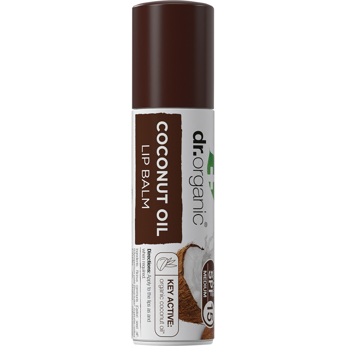 Dr Organic Coconut Oil lip balm tube with SPF 15, featuring a white cap and tropical branding.
