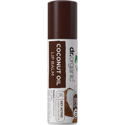Dr Organic Coconut Oil lip balm tube with SPF 15, featuring a white cap and tropical branding.