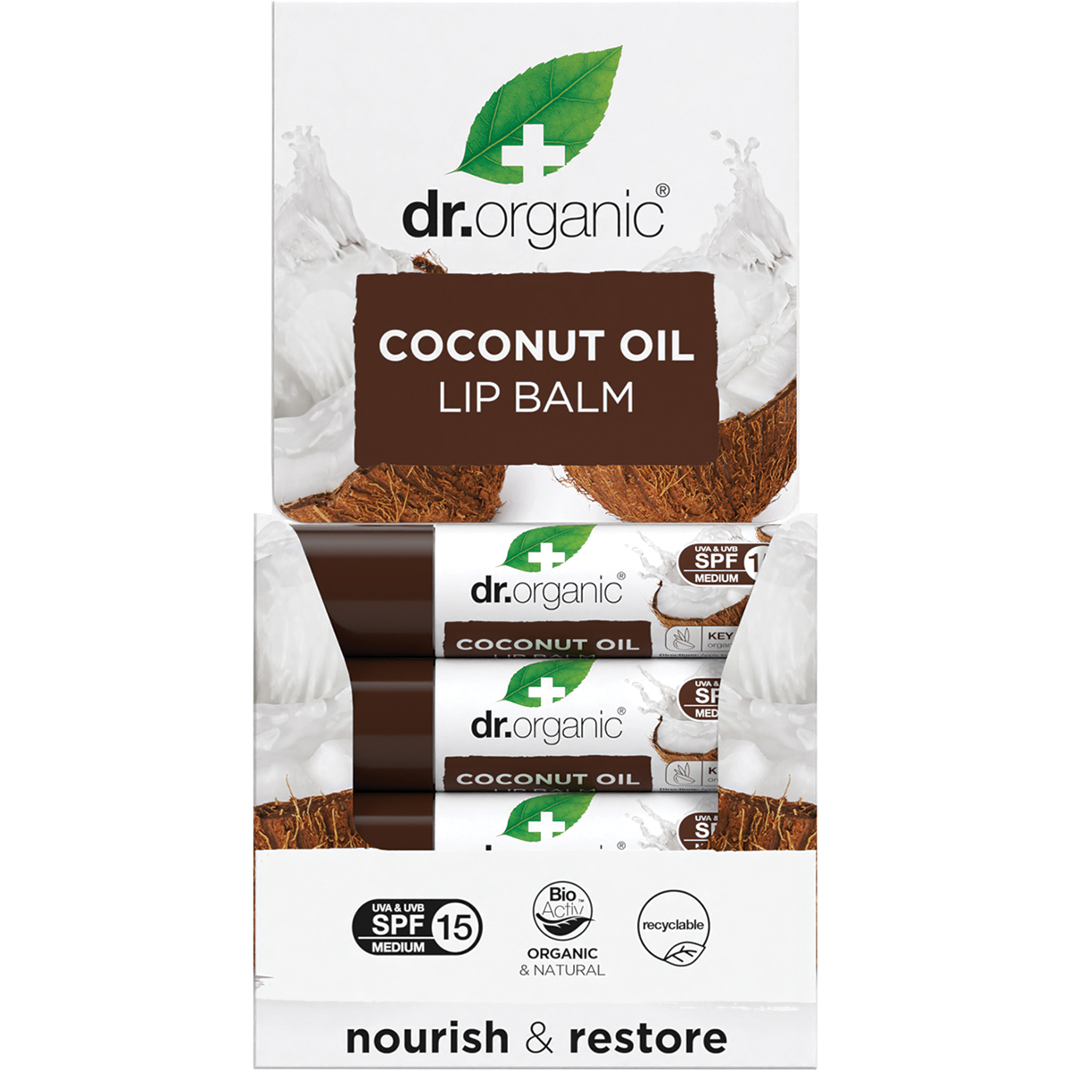 Dr Organic Coconut Oil lip balm tube with SPF 15 displayed in a blue and white cardboard box on a white background.
