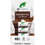 Dr Organic Coconut Oil lip balm tube with SPF 15 displayed in a blue and white cardboard box on a white background.