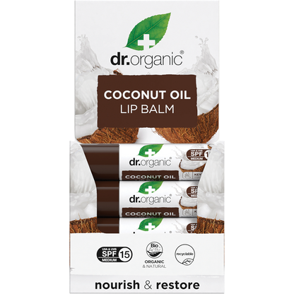 Dr Organic Coconut Oil lip balm tube with SPF 15 displayed in a blue and white cardboard box on a white background.