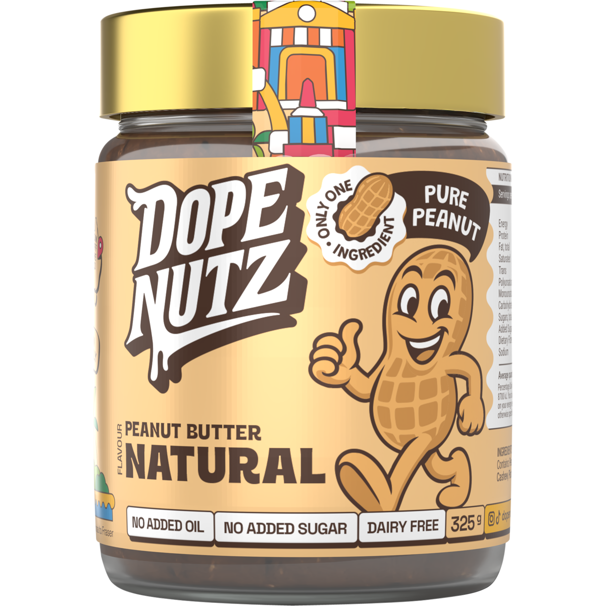 325g jar of Dope Nutz Natural Peanut Butter with a smooth, clean texture and no added sugar or oil.