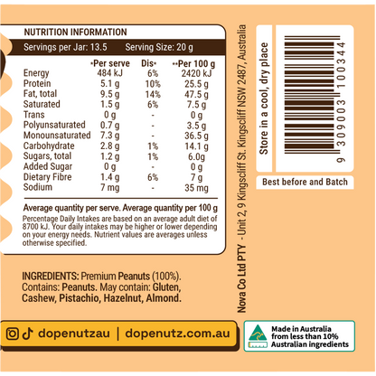 Nutritional information panel for Dope Nutz Natural Peanut Butter, showing serving size and values on a white background.