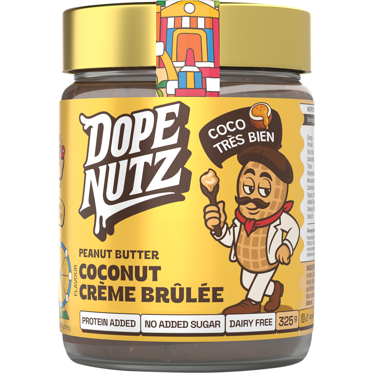 325g jar of Dope Nutz Peanut Butter Coconut Creme Brulee with a white label and gold accents on a white background.