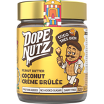 325g jar of Dope Nutz Peanut Butter Coconut Creme Brulee with a white label and gold accents on a white background.
