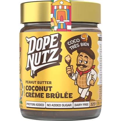 325g jar of Dope Nutz Peanut Butter Coconut Creme Brulee with a white label and gold accents on a white background.