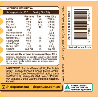 Nutritional information panel for Dope Nutz Coconut Creme Brulee peanut butter showing ingredients and health facts.