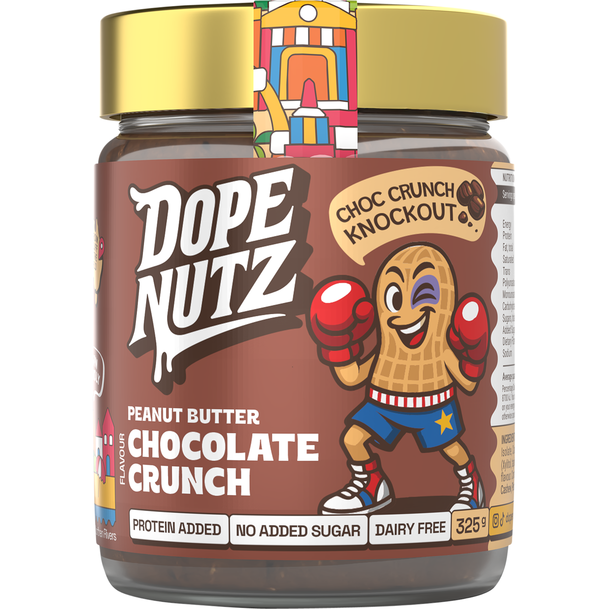 325g jar of Dope Nutz Peanut Butter Choc Crunch with rich cocoa, roasted peanuts, and added protein.