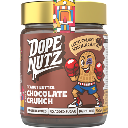 325g jar of Dope Nutz Peanut Butter Choc Crunch with rich cocoa, roasted peanuts, and added protein.
