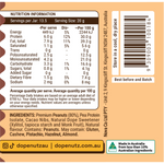 Nutritional information panel for Dope Nutz Peanut Butter Choc Crunch 325g listing key facts and ingredients.