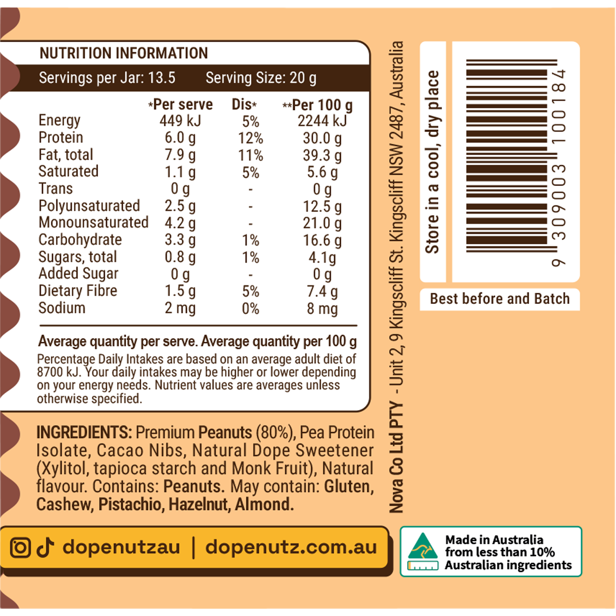 Nutritional information panel for Dope Nutz Peanut Butter Choc Crunch 325g listing key facts and ingredients.