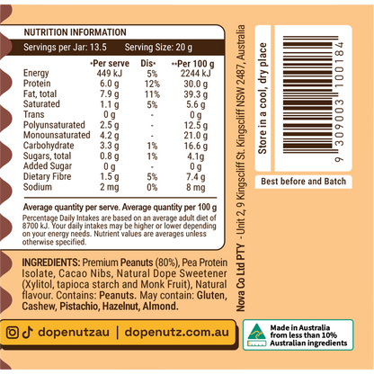 Nutritional information panel for Dope Nutz Peanut Butter Choc Crunch 325g listing key facts and ingredients.