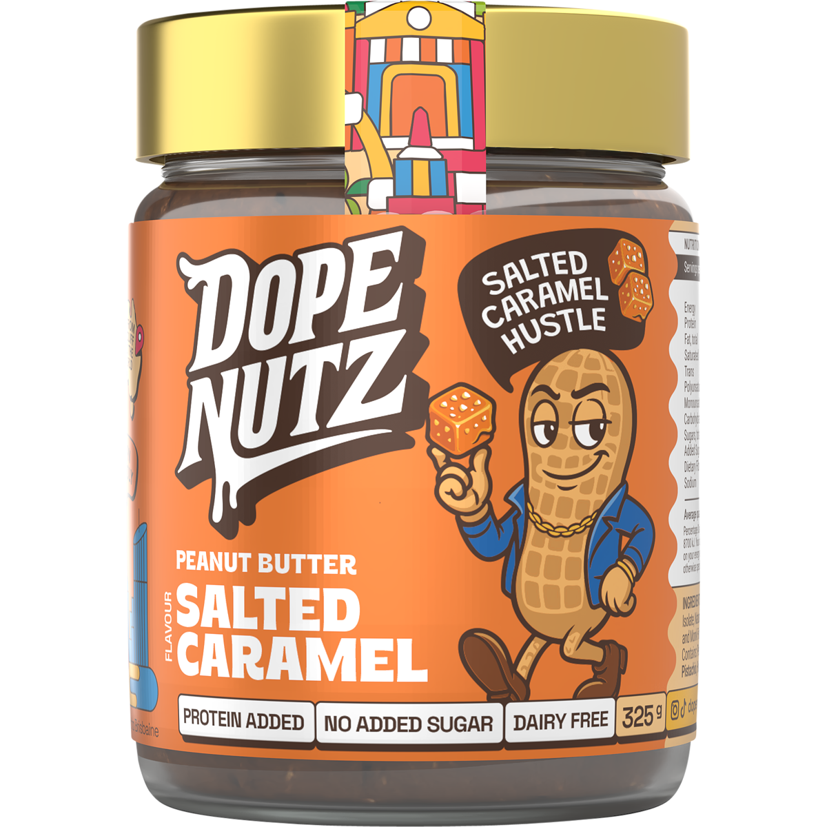 325g jar of Dope Nutz Peanut Butter Salted Caramel with a black lid and illustrated label on a white background.