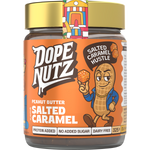 325g jar of Dope Nutz Peanut Butter Salted Caramel with a black lid and illustrated label on a white background.