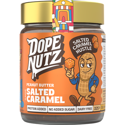 325g jar of Dope Nutz Peanut Butter Salted Caramel with a black lid and illustrated label on a white background.