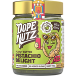 325g jar of Dope Nutz Peanut Butter Pistachio Delight with a green label and a green lid on a white background.