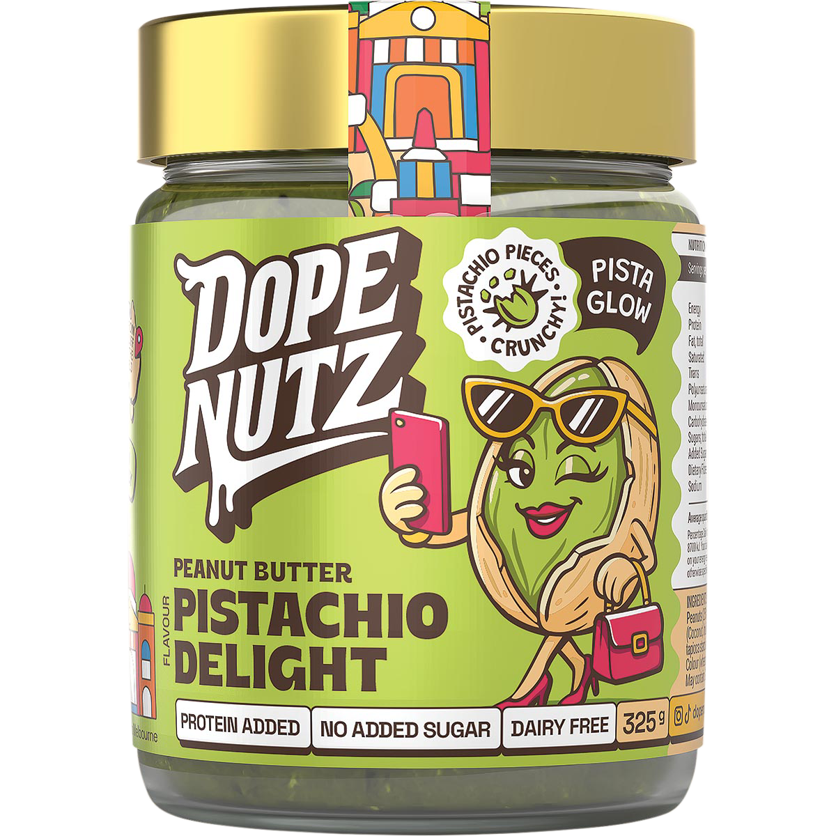 325g jar of Dope Nutz Peanut Butter Pistachio Delight with a green label and a green lid on a white background.