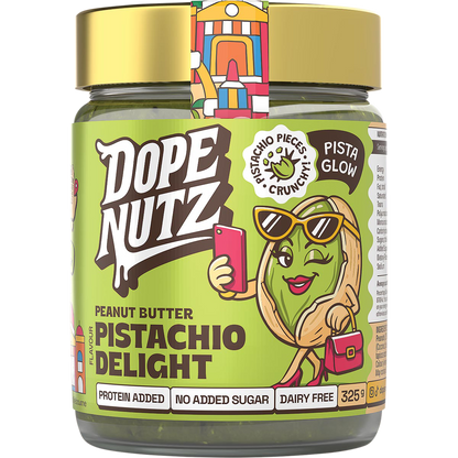 325g jar of Dope Nutz Peanut Butter Pistachio Delight with a green label and a green lid on a white background.