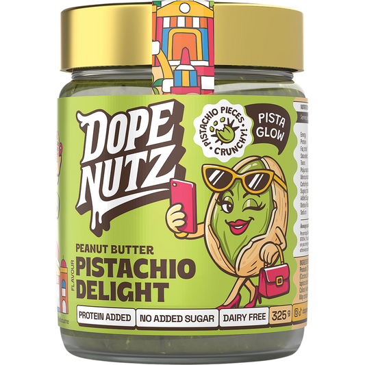 325g jar of Dope Nutz Peanut Butter Pistachio Delight with a green label and a green lid on a white background.