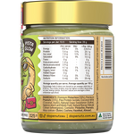 Side view of a 325g jar of Dope Nutz Peanut Butter Pistachio Delight with a green label and lid.