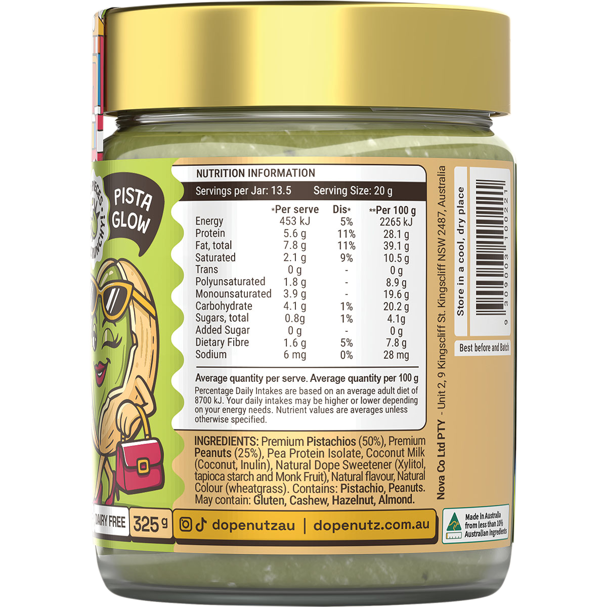Side view of a 325g jar of Dope Nutz Peanut Butter Pistachio Delight with a green label and lid.