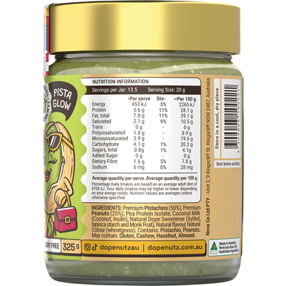 Side view of a 325g jar of Dope Nutz Peanut Butter Pistachio Delight with a green label and lid.