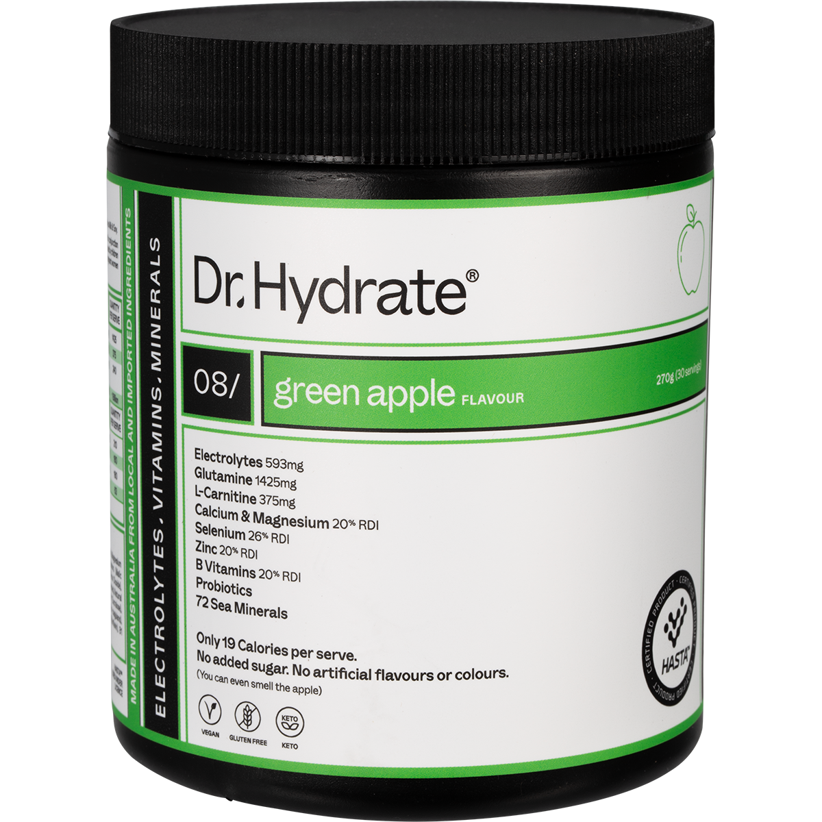 Green Apple Dr. Hydrate All-In-One Hydration Drink 270g jar with HASTA Certified logo on a white background.