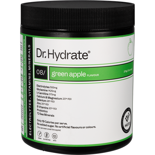Green Apple Dr. Hydrate All-In-One Hydration Drink 270g jar with HASTA Certified logo on a white background.