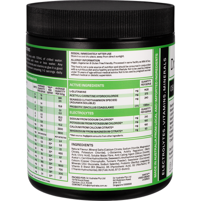 Left-angled view of a 270g jar of Dr. Hydrate Green Apple hydration drink with a HASTA Certified logo.