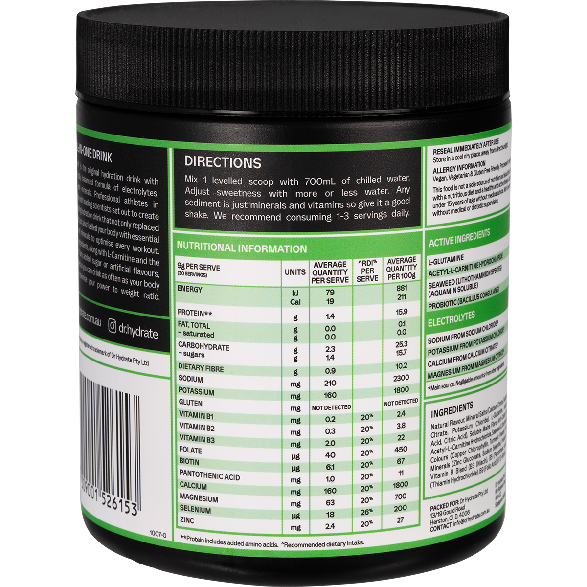 Right-angled view of a 270g jar of Dr. Hydrate Green Apple drink showing nutritional information and HASTA Certified logo.