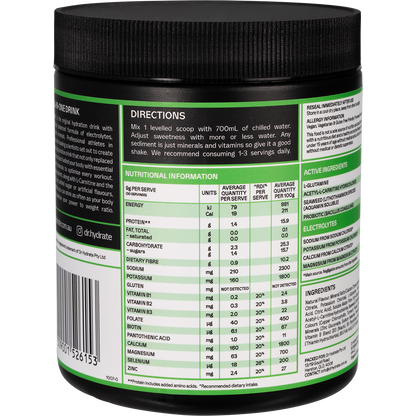 Right-angled view of a 270g jar of Dr. Hydrate Green Apple drink showing nutritional information and HASTA Certified logo.