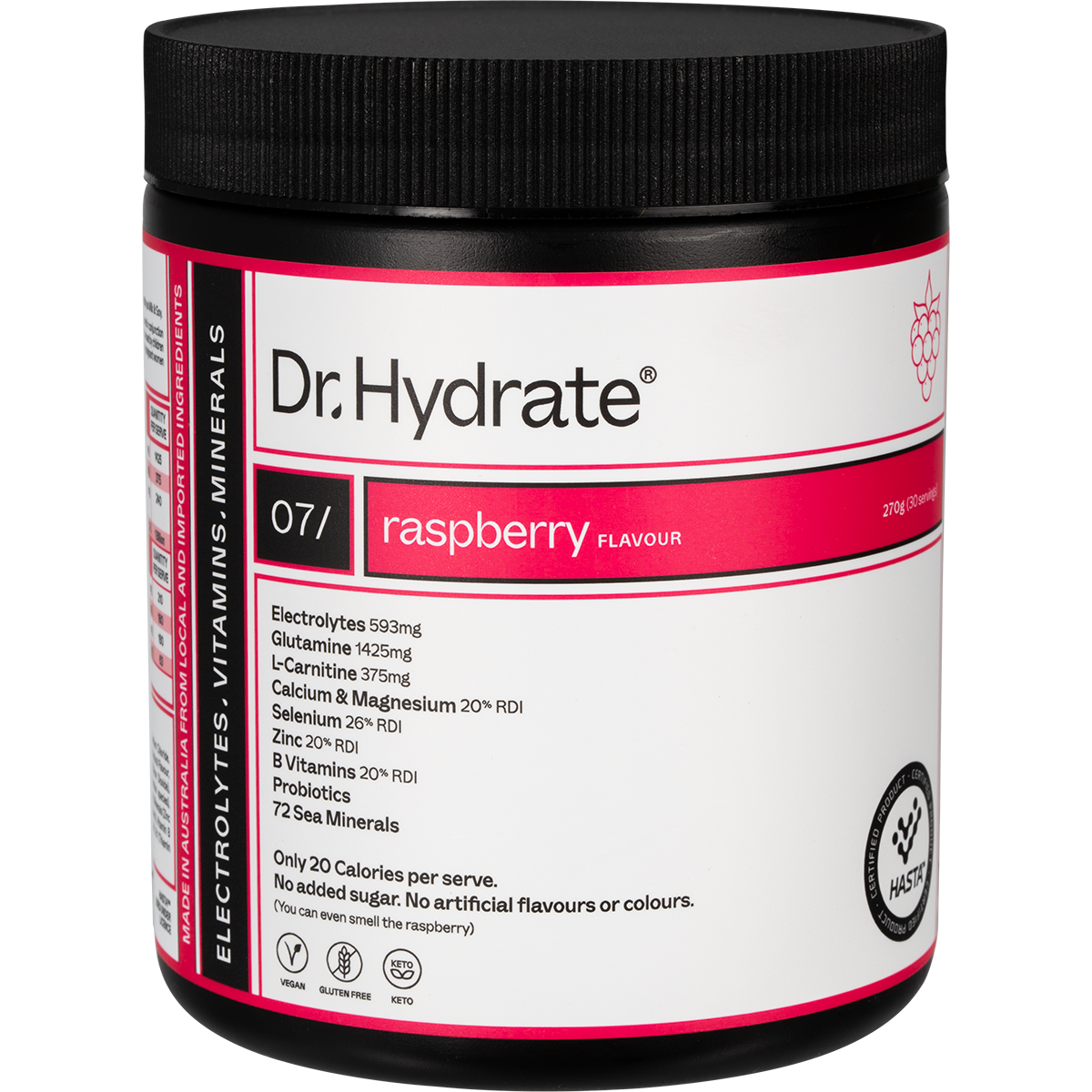 270g jar of Dr. Hydrate All-In-One Hydration Drink Raspberry flavour with HASTA Certified logo.