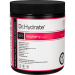 270g jar of Dr. Hydrate All-In-One Hydration Drink Raspberry flavour with HASTA Certified logo.