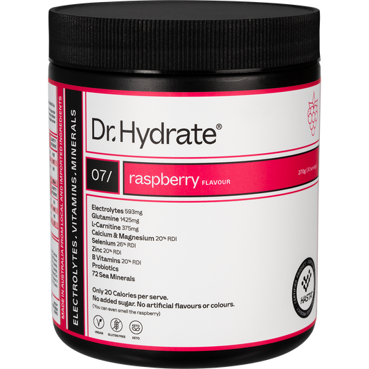 270g jar of Dr. Hydrate All-In-One Hydration Drink Raspberry flavour with HASTA Certified logo.
