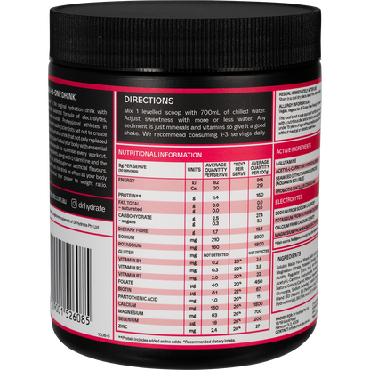 Right-side view of a 270g Dr. Hydrate Raspberry hydration drink jar showing nutritional facts and ingredients.