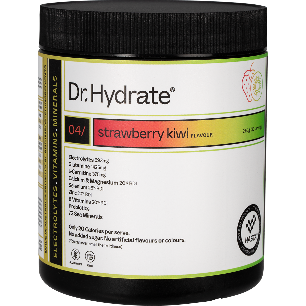 Dr. Hydrate Strawberry Kiwi 270g jar of HASTA certified hydration drink with electrolytes, vitamins, and minerals.