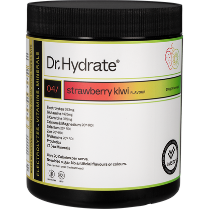 Dr. Hydrate Strawberry Kiwi 270g jar of HASTA certified hydration drink with electrolytes, vitamins, and minerals.