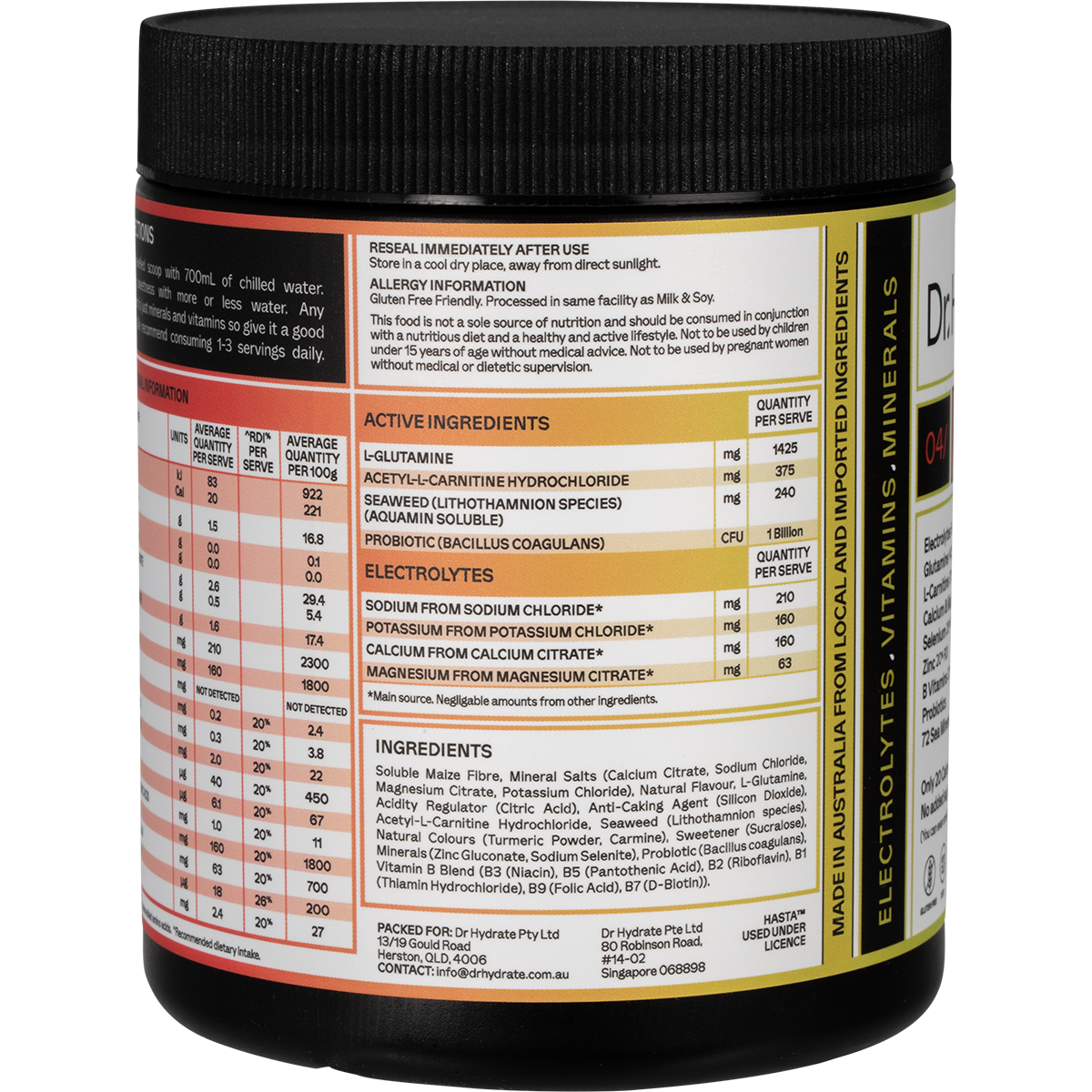 Left side of Dr. Hydrate Strawberry Kiwi 270g jar showing product benefits and HASTA certified logo.