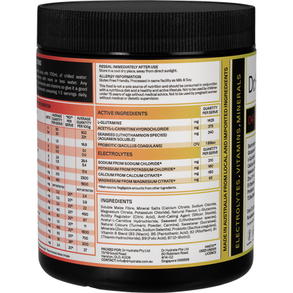 Left side of Dr. Hydrate Strawberry Kiwi 270g jar showing product benefits and HASTA certified logo.