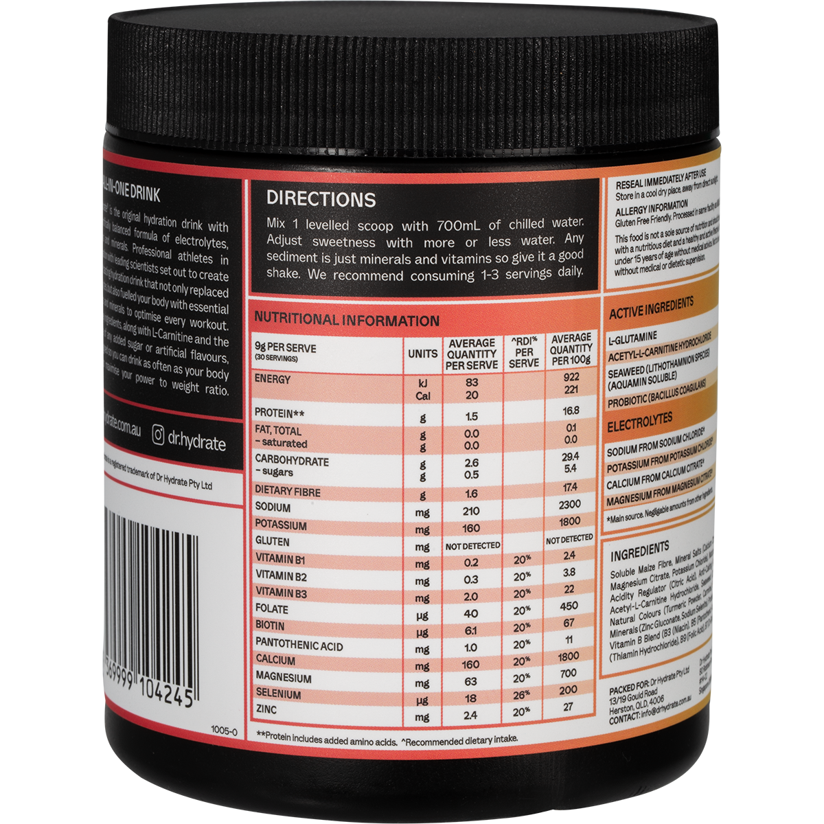 Side view of a 270g jar of Dr. Hydrate Strawberry Kiwi hydration drink showing nutritional information and a HASTA seal.