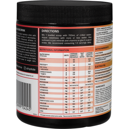 Side view of a 270g jar of Dr. Hydrate Strawberry Kiwi hydration drink showing nutritional information and a HASTA seal.