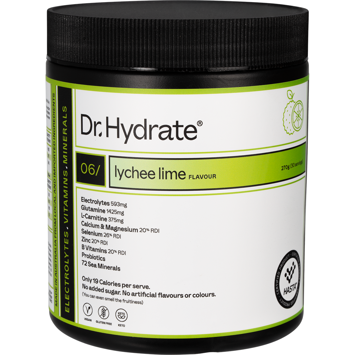 Dr. Hydrate Lychee Lime 270g jar of all-in-one hydration drink with electrolytes and HASTA certification.