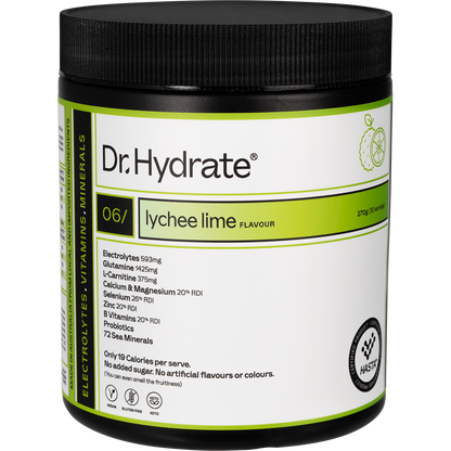 Dr. Hydrate Lychee Lime 270g jar of all-in-one hydration drink with electrolytes and HASTA certification.