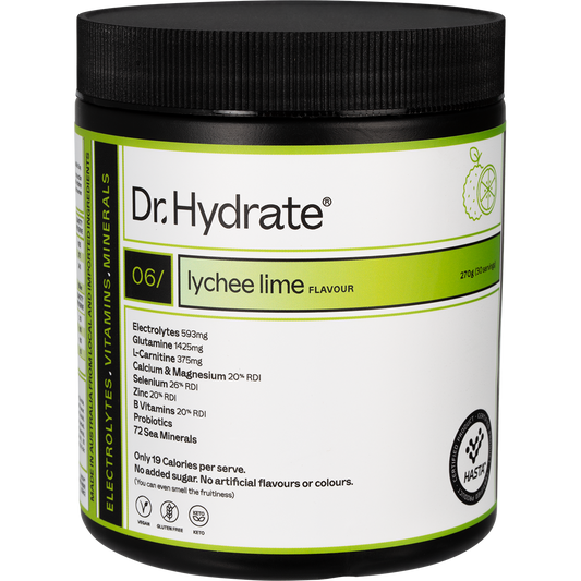 Dr. Hydrate Lychee Lime 270g jar of all-in-one hydration drink with electrolytes and HASTA certification.